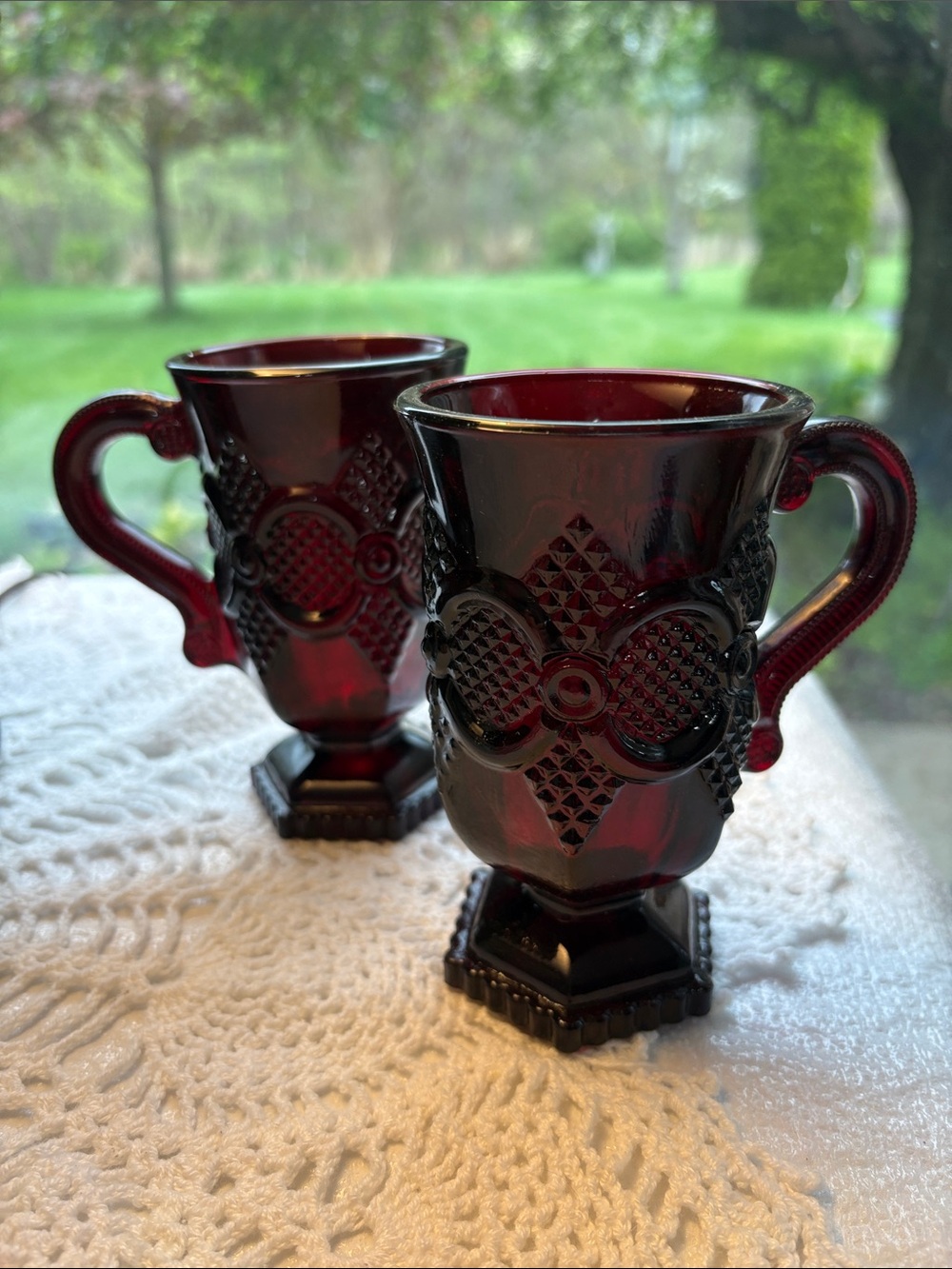 Vintage Ruby Red Cape Cod Glass footed, pedestal, mugs- Set of 2